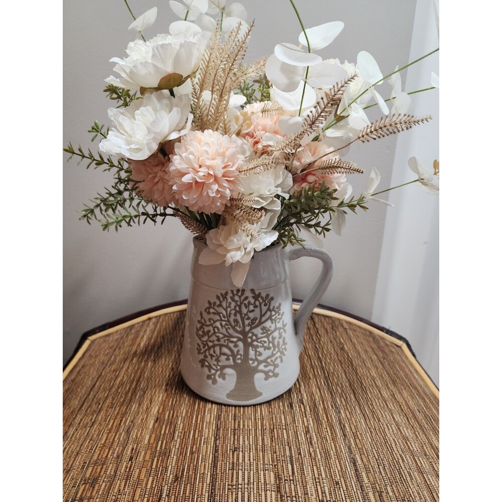 Gorgeoue Handmade Flower Arrangement in Ceramic Vase Pitcher  Peach And White